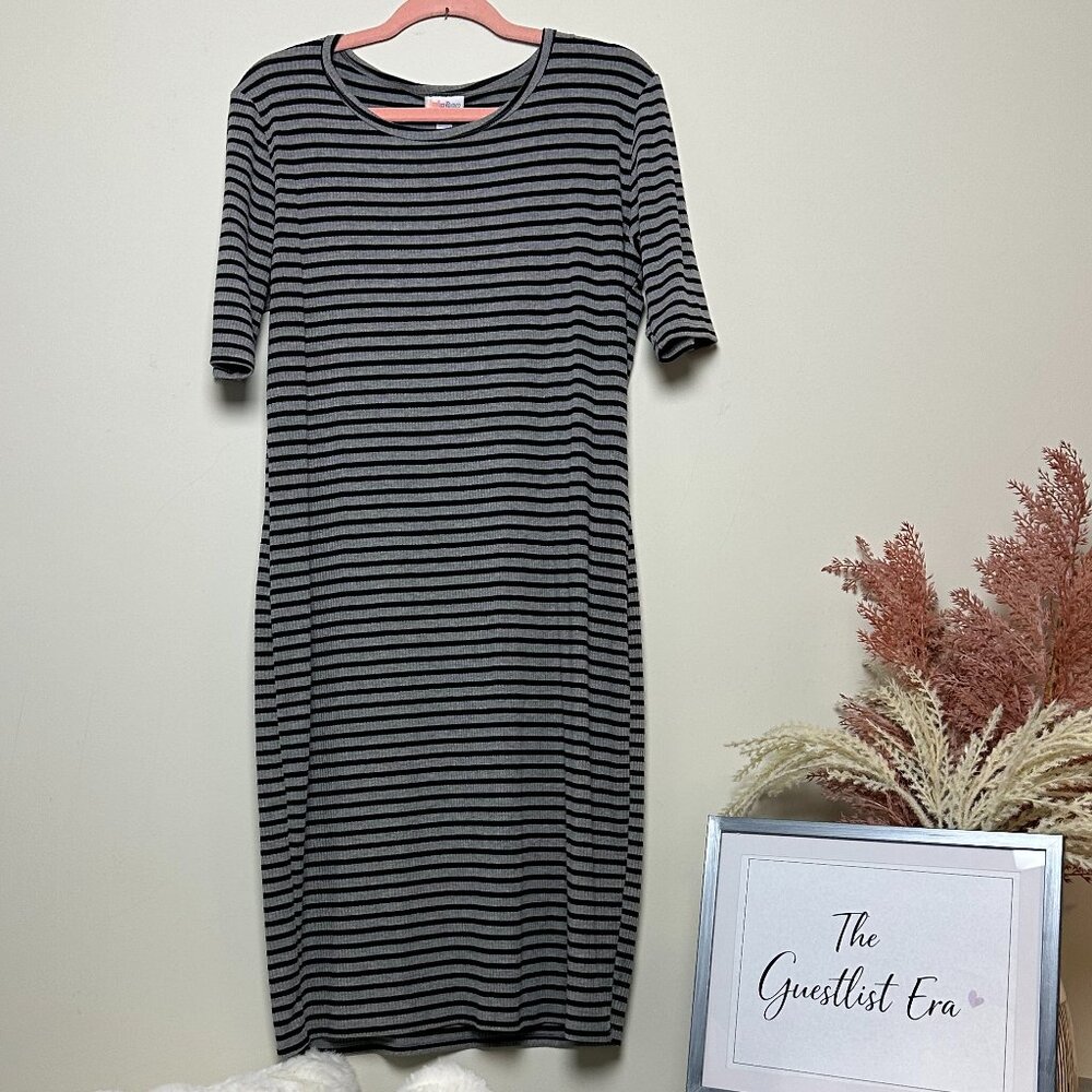 LuLaRoe Grey and Black Striped Midi Dress